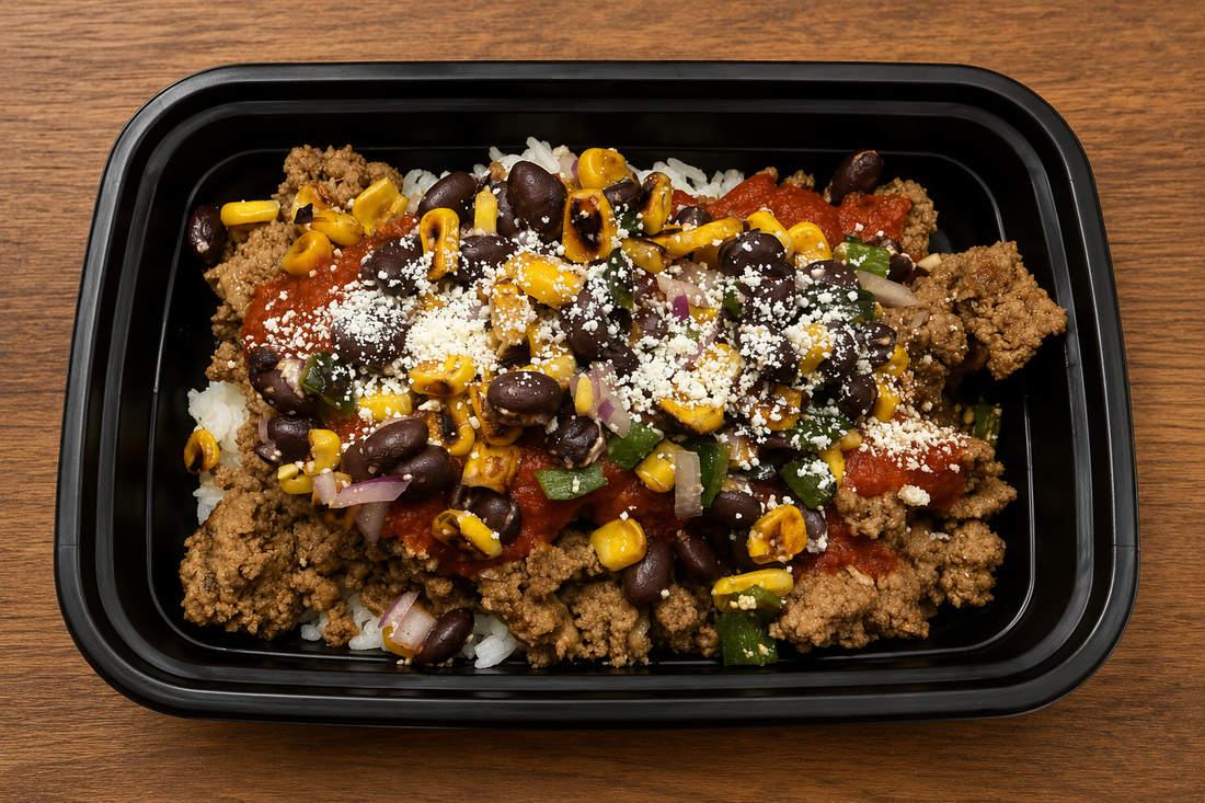 Blended Beef Enchilada Bowl with seasoned beef, rice, enchilada sauce, corn, poblano, black beans, purple onion, and cotija
